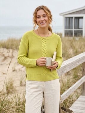 Chartreuse Cable Knit Sweater | Chunky Knit Pullover Lime Green Cotton Coastal